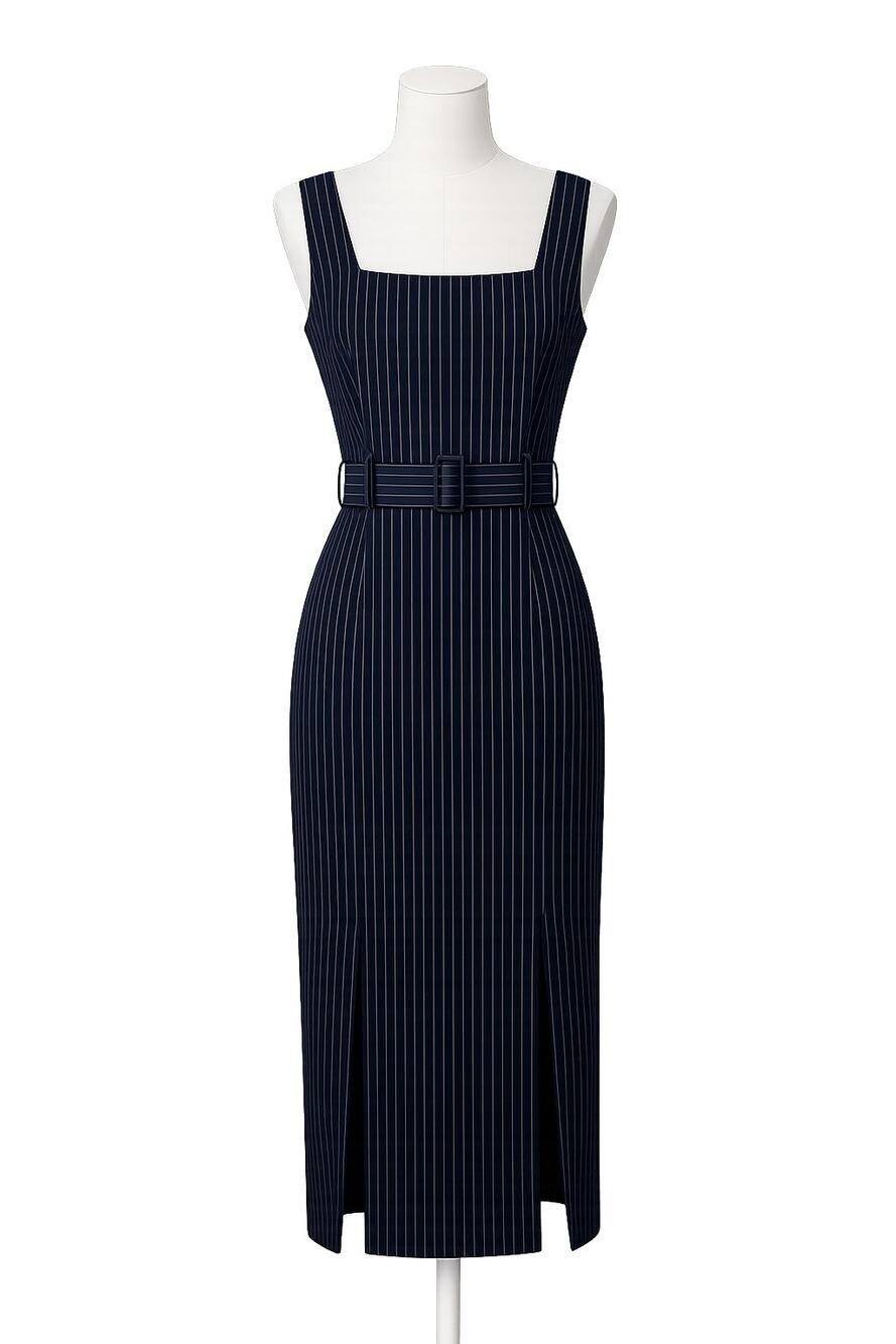 Banana Republic Navy Pinstripe Midi Dress with Belt
